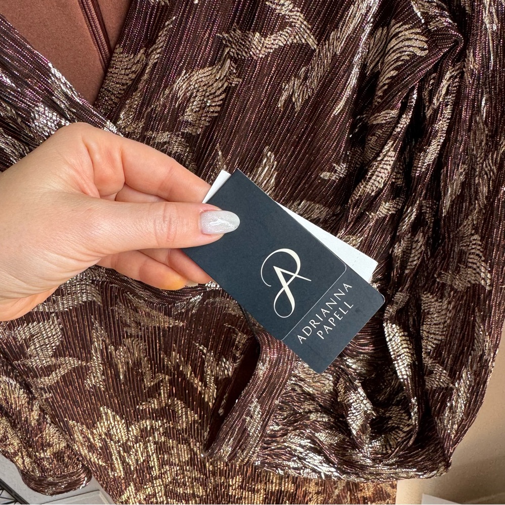 NWT Adrianna Papell V-Neck Palm Leaf Metallic Crinkle Knit Faux Wrap Dress Sz 6 - Picture 10 of 12